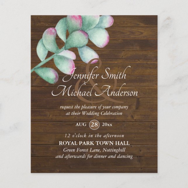 Succulents Pink Blush Mint Green Budget Hochzeit (Vorderseite)