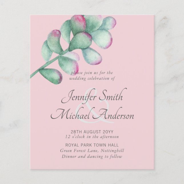 Succulents Pink Blush Mint Green Budget Hochzeit (Vorderseite)