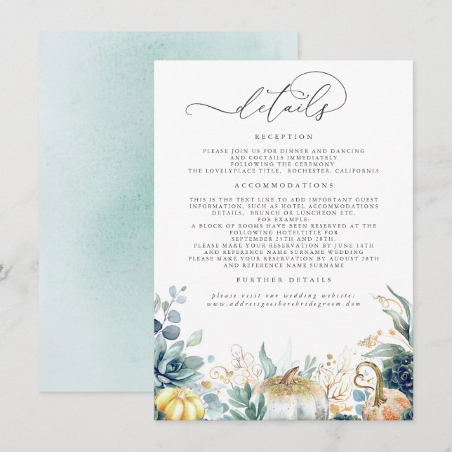 Succulents Pumpkins Gold Blätter Wedding Details E Begleitkarte (Vorne/Hinten)