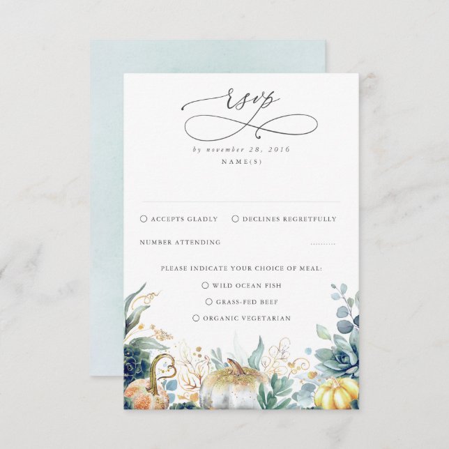 Succulents Pumpkins Grüne und Gold Wedding RSVP (Vorne/Hinten)