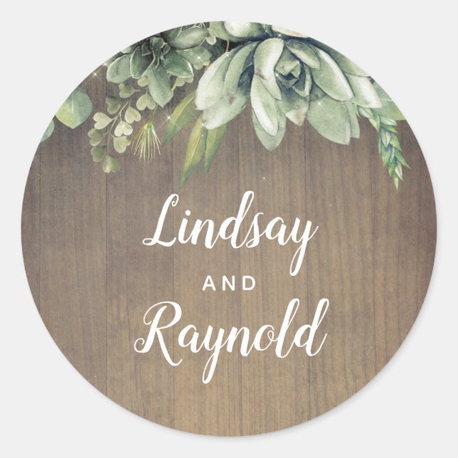 Succulents Rustic Country Wedding Runder Aufkleber (Vorderseite)