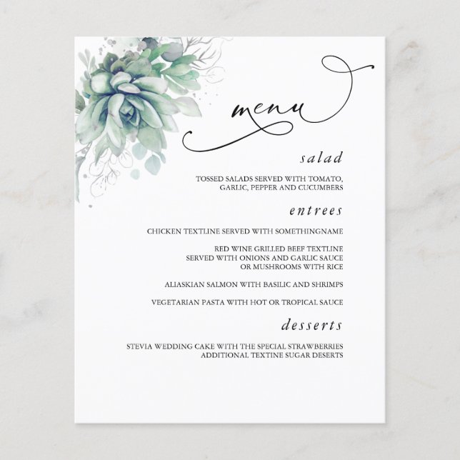 Succulents Silver Greenerity Wedding Menu Flyer (Vorne)