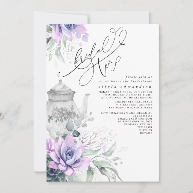 Succulents Silver Greenery Brautparty Tea Party Einladung (Vorderseite)