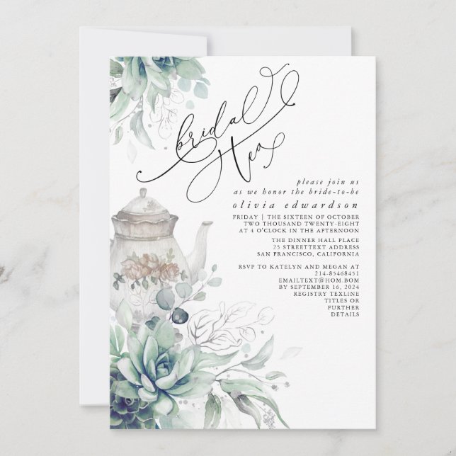 Succulents Silver Greenery Brautparty Tea Party Einladung (Vorderseite)