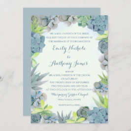 Succulents Smokey Blue Wedding Watercolor Einladung
