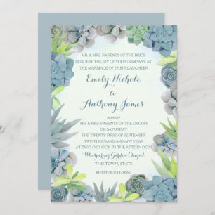 Succulents Smokey Blue Wedding Watercolor Einladung