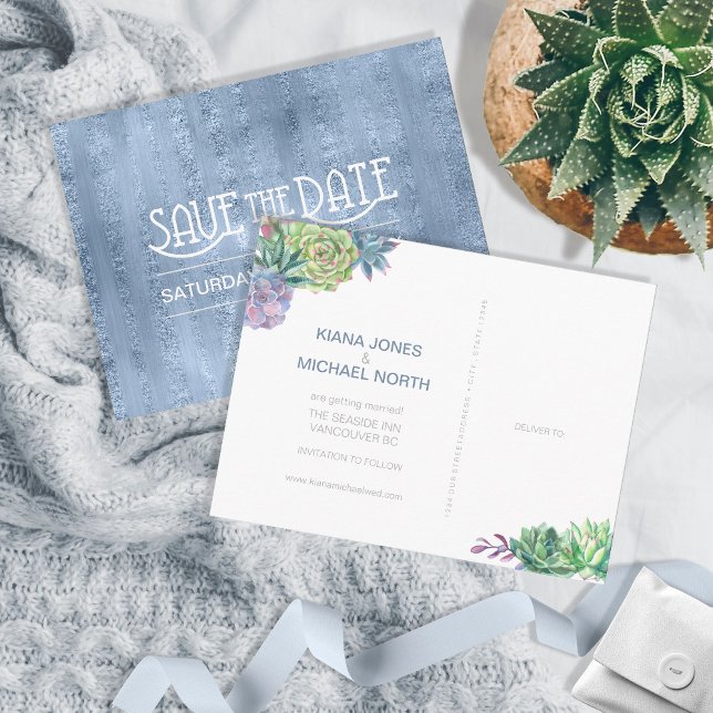 Succulents und Sparkle Save the Date Blue ID515 Ankündigungspostkarte (Von Creator hochgeladen)