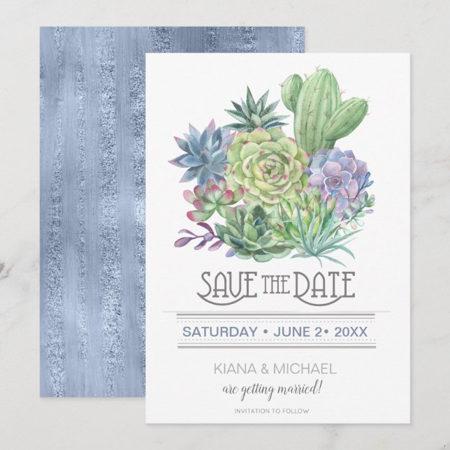 Succulents und Sparkle Save the Date Blue ID515 Einladung (Vorne/Hinten)