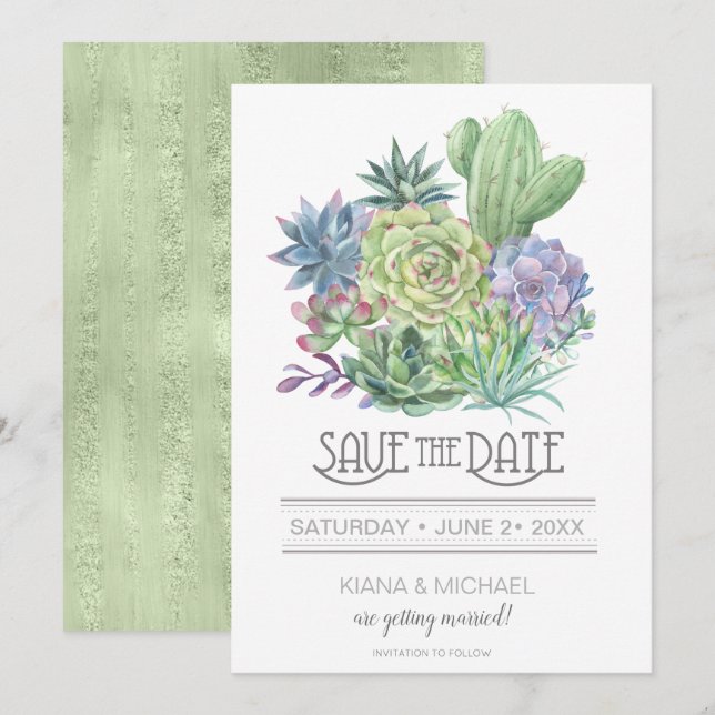 Succulents und Sparkle Save the Date Green ID515 Einladung (Vorne/Hinten)