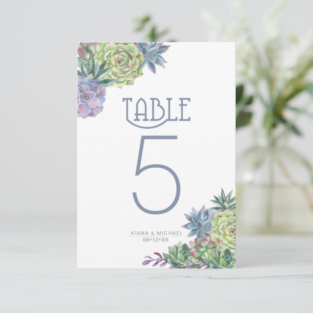 Succulents und Sparkle-Tischnummern Blue ID515 Einladung (Stehend Vorderseite)