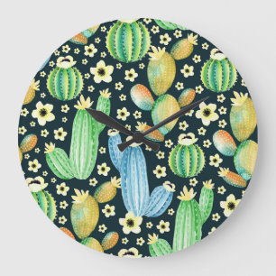 Succulents Watercolor Cactus Floral Pattern Große Wanduhr