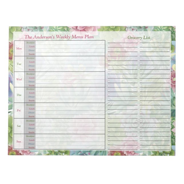 Succulents Weekly Personalisiert Menu Plan Notepad Notizblock (Vorderseite)