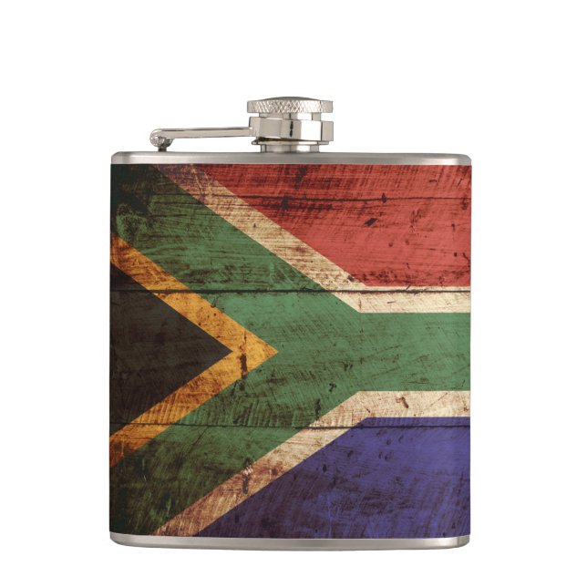 Südafrika-Flagge auf altem hölzernem Korn Flachmann (Vorderseite)
