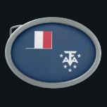 Südantarktische Landschaften in Frankreich Ovale Gürtelschnalle<br><div class="desc">Patriotische Fahne französischer Südländer und Antarktis.</div>
