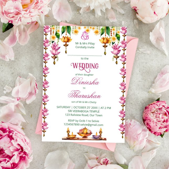 Südindische Hochzeitstorte Einladung (South Indian Tamil wedding template invitation instant digital download pink lotus diya  garlands)