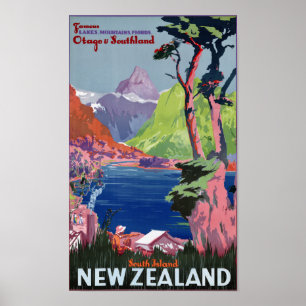 Südinsel Neuseeland Vintage Poster restauriert