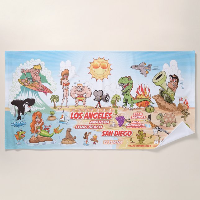 Südkalifornien Cartoon Paradise Beach Blanket Strandtuch (Vorderseite)