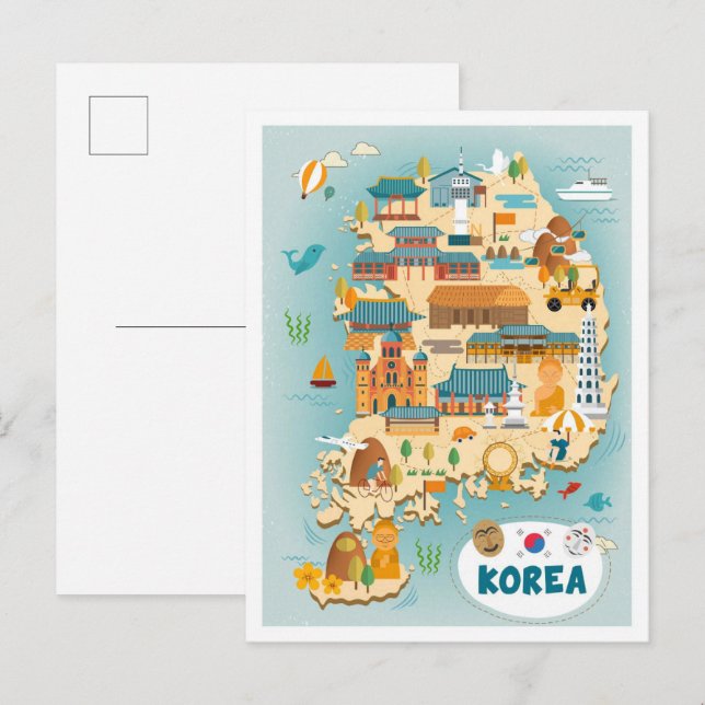 Südkorea Karte Kunst Vintage Reise Illustration (Vorne/Hinten)