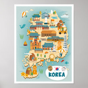 Südkorea Karte Kunst Vintage Reise Illustration Poster