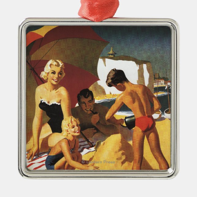 Südliche britische Eisenbahn-Familie auf Strand Silbernes Ornament (Vorne)