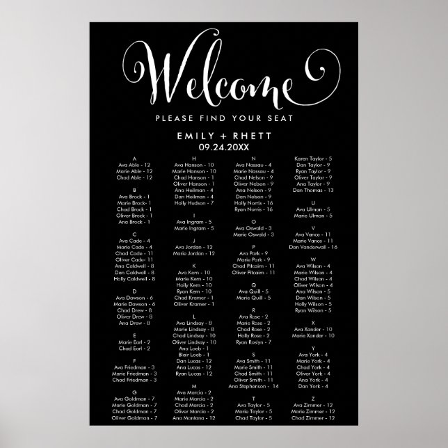 Südliche Kalligrafie Schwarze Alphabetische Sitzpl Poster (Vorne)