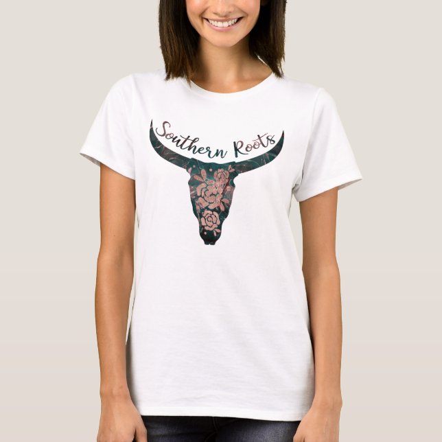 Südliche Wurzeln Land Longhorn Rosa & Grün T-Shirt (Vorderseite)