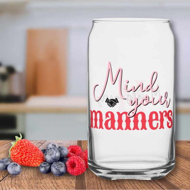 Südliches Zitat: Ihre Mannen rosa rote Monogramm Dosenglas (Southern Quote Mind Your Manners Pink Red Monogram Can Glass)