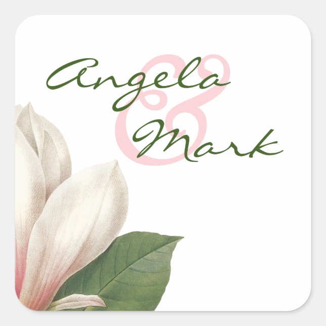Südmagnolische Blume Hochzeit | Rosa und Weiß Quadratischer Aufkleber (Vorderseite)