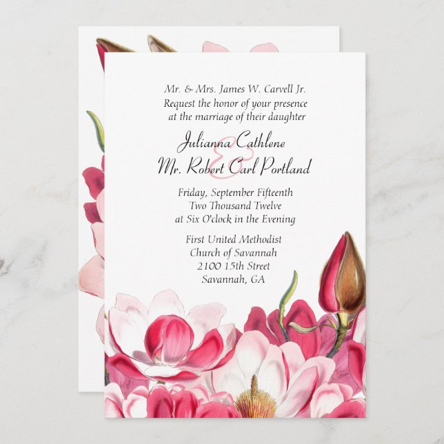 Südpink Magnolias Hochzeitseinladung Einladung (Vorne/Hinten)