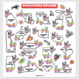 Südstaaten der USA – Bildungs-Sticker-Karte Aufkleber