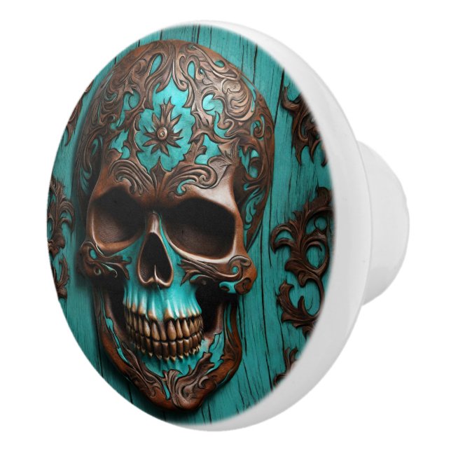 Südturquoise Día de Muertos Sugar Skull Keramikknauf (Rechts)