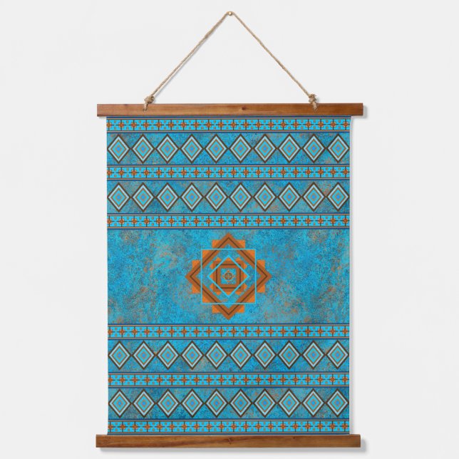 Südwest Bergspitzen Türkisfarbene geometrische Pri Wandteppich Mit Holzrahmen (Vorderseite)