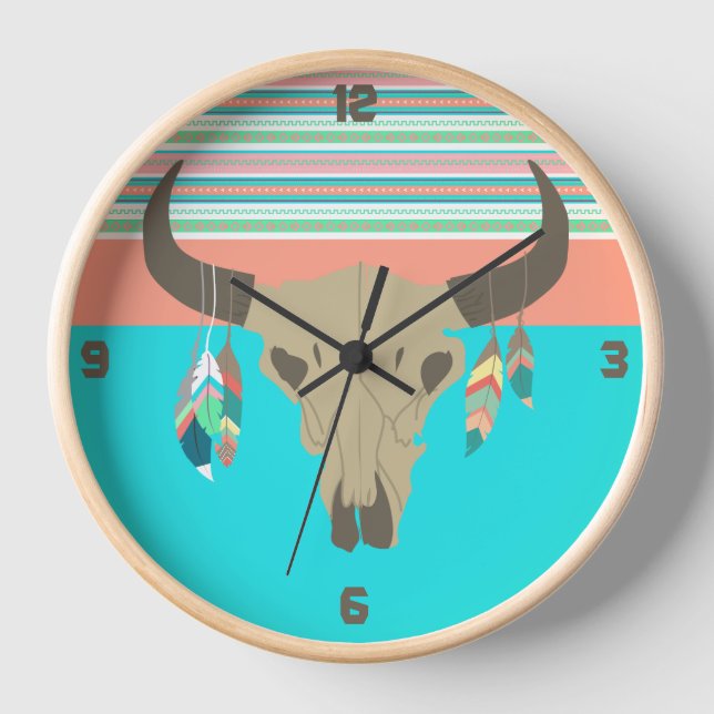 Südwest Bull Skull and Feathers Uhr (Vorderseite)