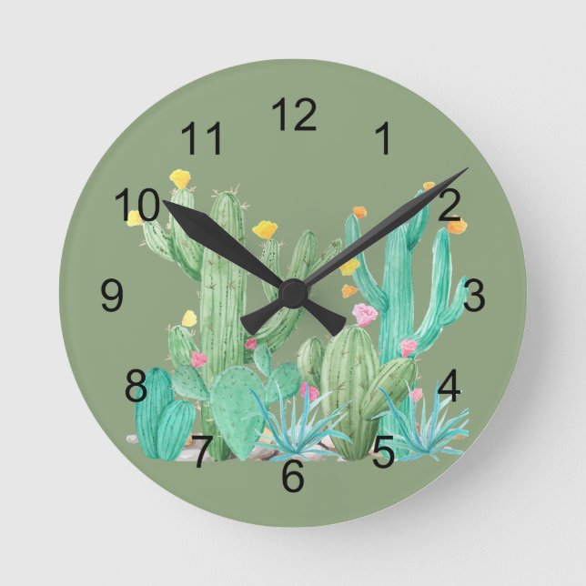 Südwest Cactus Cacti Wasserfarbe Hübsch Sukkulent Runde Wanduhr (Vorderseite)