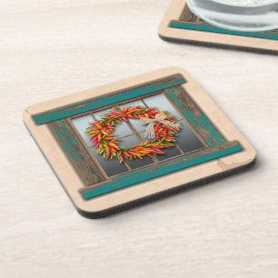 Südwest Chile Kranz auf Rustic Blue Wood Window Getränkeuntersetzer