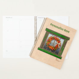 Südwest Chile Kranz auf rustikalem Grün-Holzfenste Planer