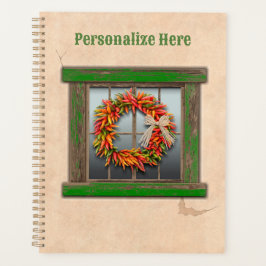 Südwest Chile Kranz auf rustikalem Grün-Holzfenste Planer