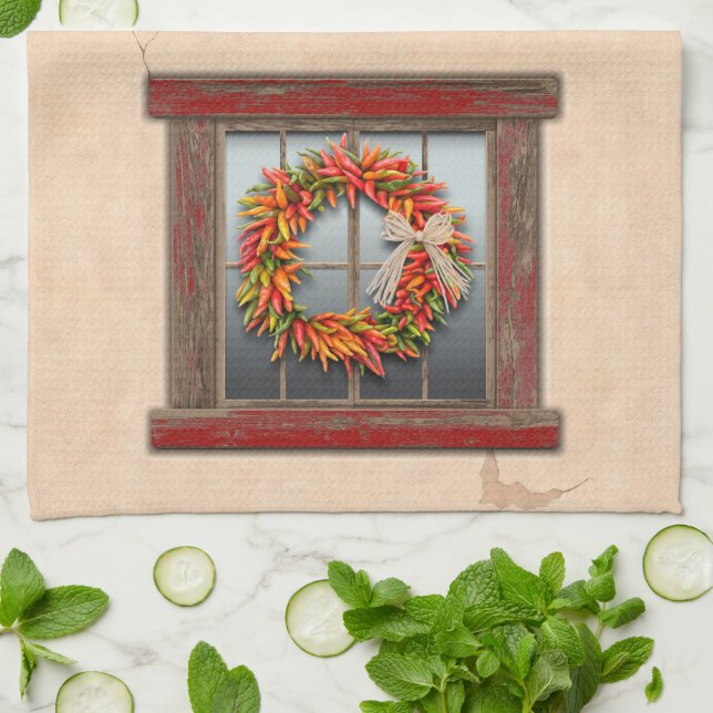 Südwest Chile Kranz auf Rustikalem Rotes Holzfenst Geschirrtuch (Gefaltet)