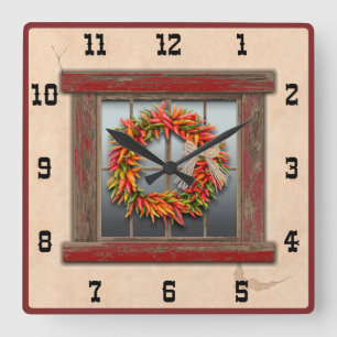 Südwest-Chile-Kranz Rot Fenster Western Zahlen Quadratische Wanduhr