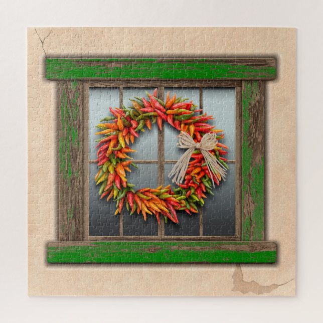 Südwest Chile Wreath Weathered Green Wood Window Puzzle (Vertikal)