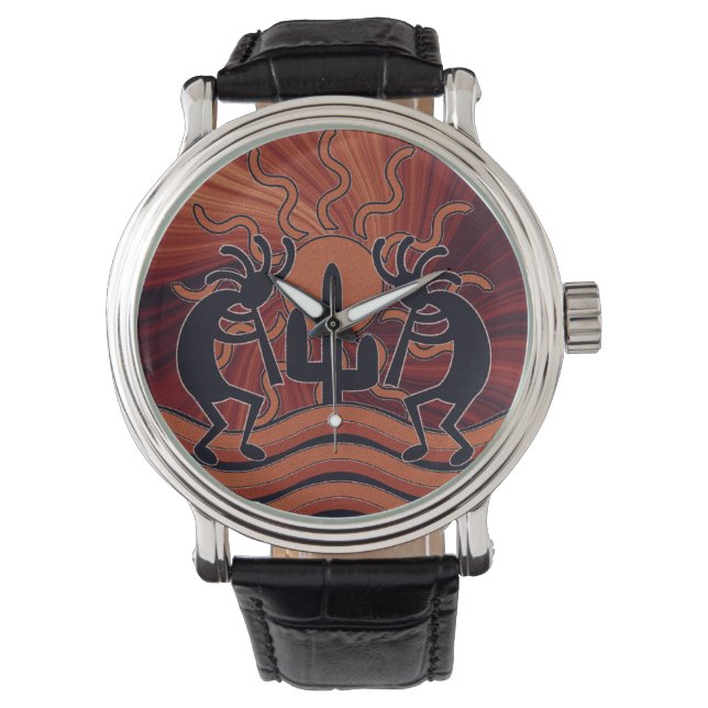 Südwest Design Dancing Kokopelli Wüste Sunset Armbanduhr (Vorderseite)