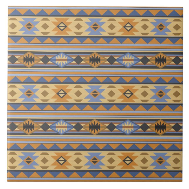 Südwest Design Gold Blue Grau Tribal Muster Fliese (Vorderseite)