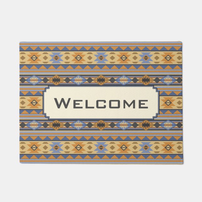 Südwest Design Gold Blue Grau Tribal Muster Fußmatte (Vorderseite)