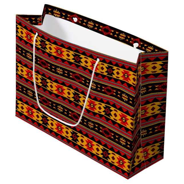 Südwest Design Red Black Gold Tribal Muster Große Geschenktüte (Vorderseite Schrägansicht)