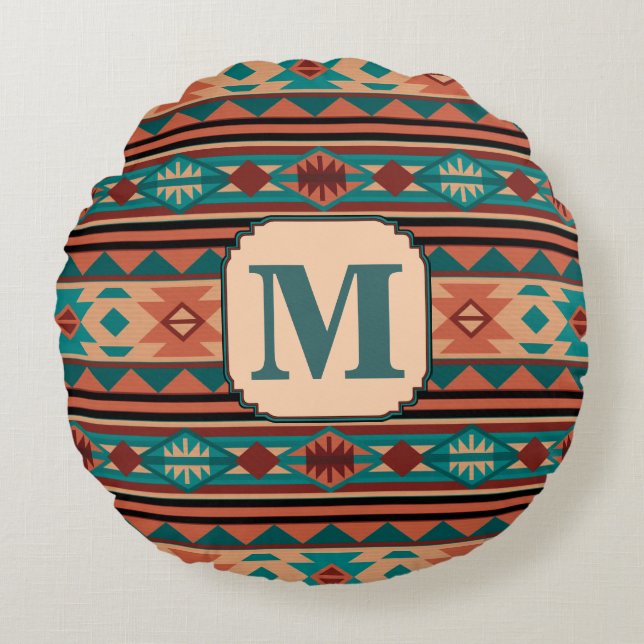 Südwest Design Türkise Terracotta Monogram Rundes Kissen (Vorderseite)