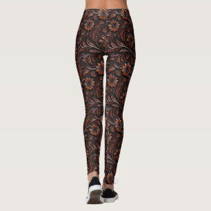 Südwest Imitats Brown Leather Cowhide Blume Leggings