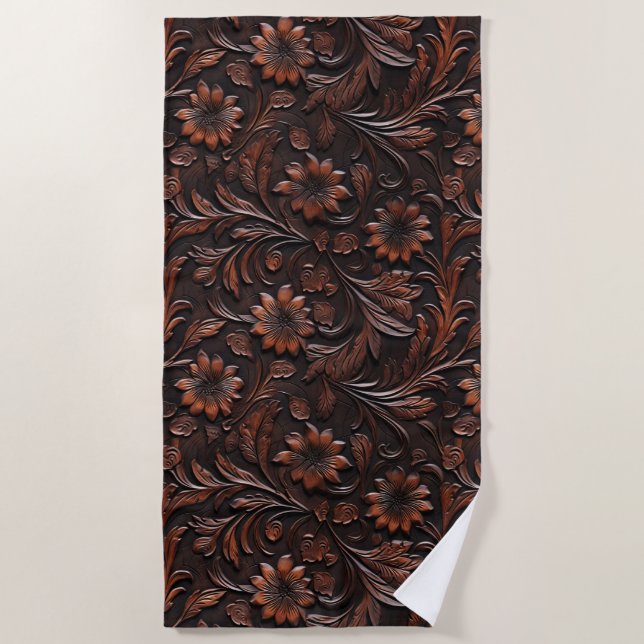 Südwest Imitats Brown Leather Cowhide Blume Strandtuch (Vorderseite)