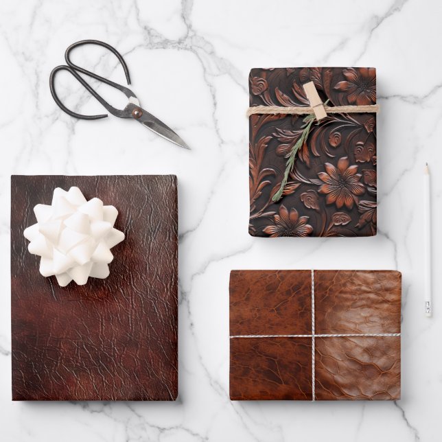 Südwest Imitats Brown Leather Cowhide Floral Geschenkpapier Set (Vorderseite)