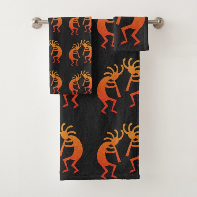 Südwest Kokopelli Muster Orange und Schwarz Badhandtuch Set (Insitu)