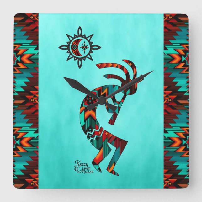 Südwest Kokopelli Square Wall Clock Quadratische Wanduhr (Vorderseite)